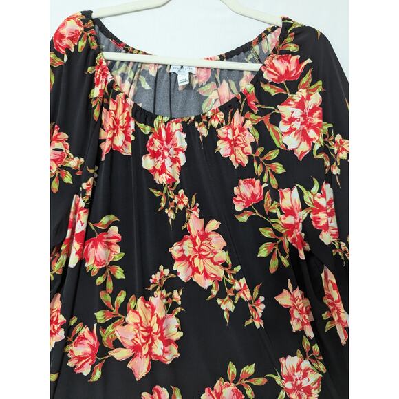 Susan Graver Black Red Floral Off The Shoulder Blouse Size XL Long Flare Sleeves - Picture 4 of 10